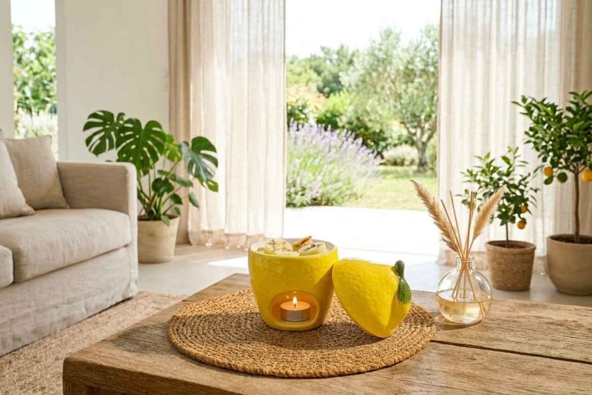 brûle parfum et fondants artisanaux faits à la main par Niõ brûle parfum Dolce Limone de Niõ et fondants artisanaux faits à la main par Niõ en situation sur la table basse d'un salon cosy ambiance estivale