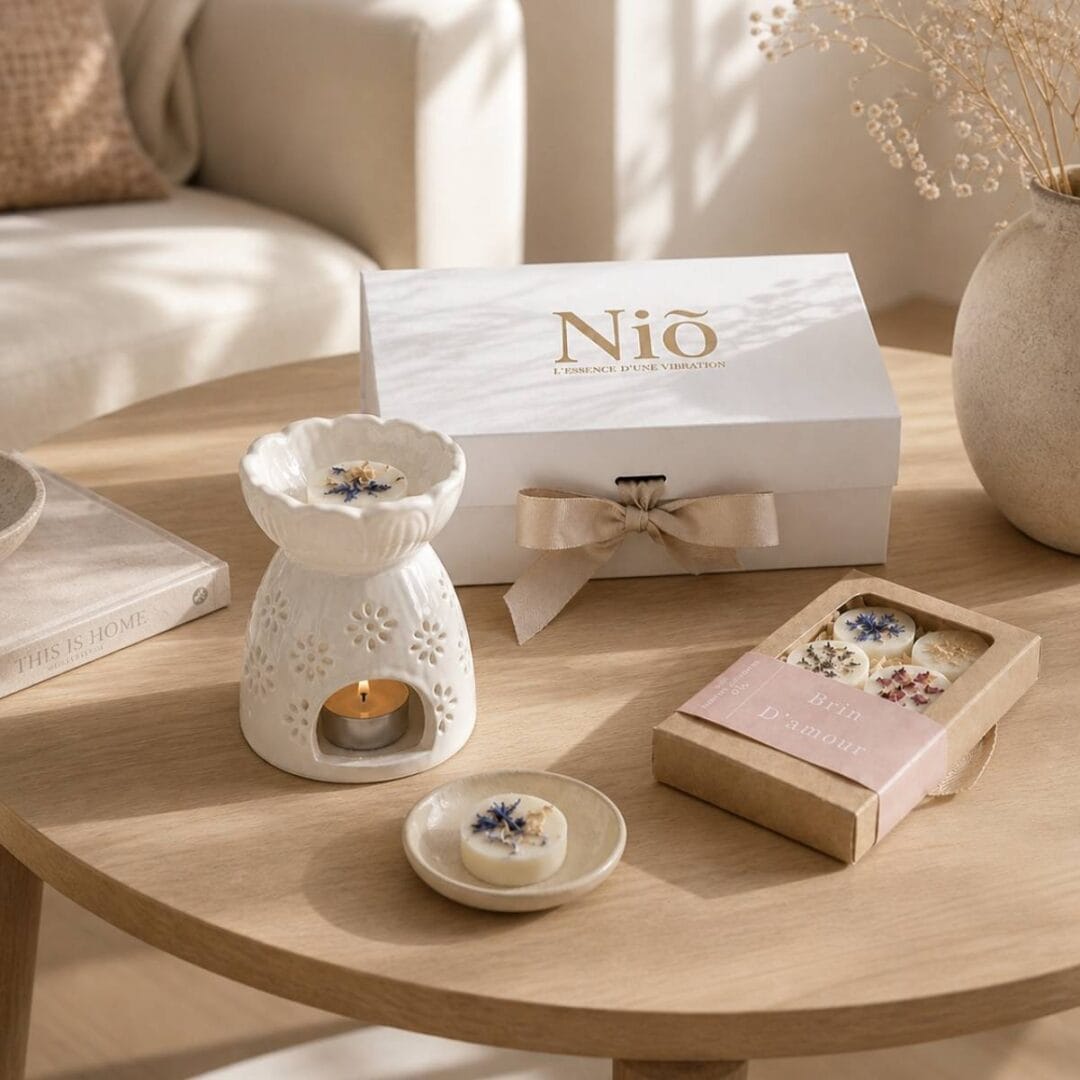 Un coffret Niõ, les fondants artisanaux en cire parfumée de Niõ dans leur emballage premium, mais minimaliste et éco responsable. Le tout posé avec un brûle parfum artisanal de Niõ sur une table basse - illustration Nos Matières Naturelles de Niõ