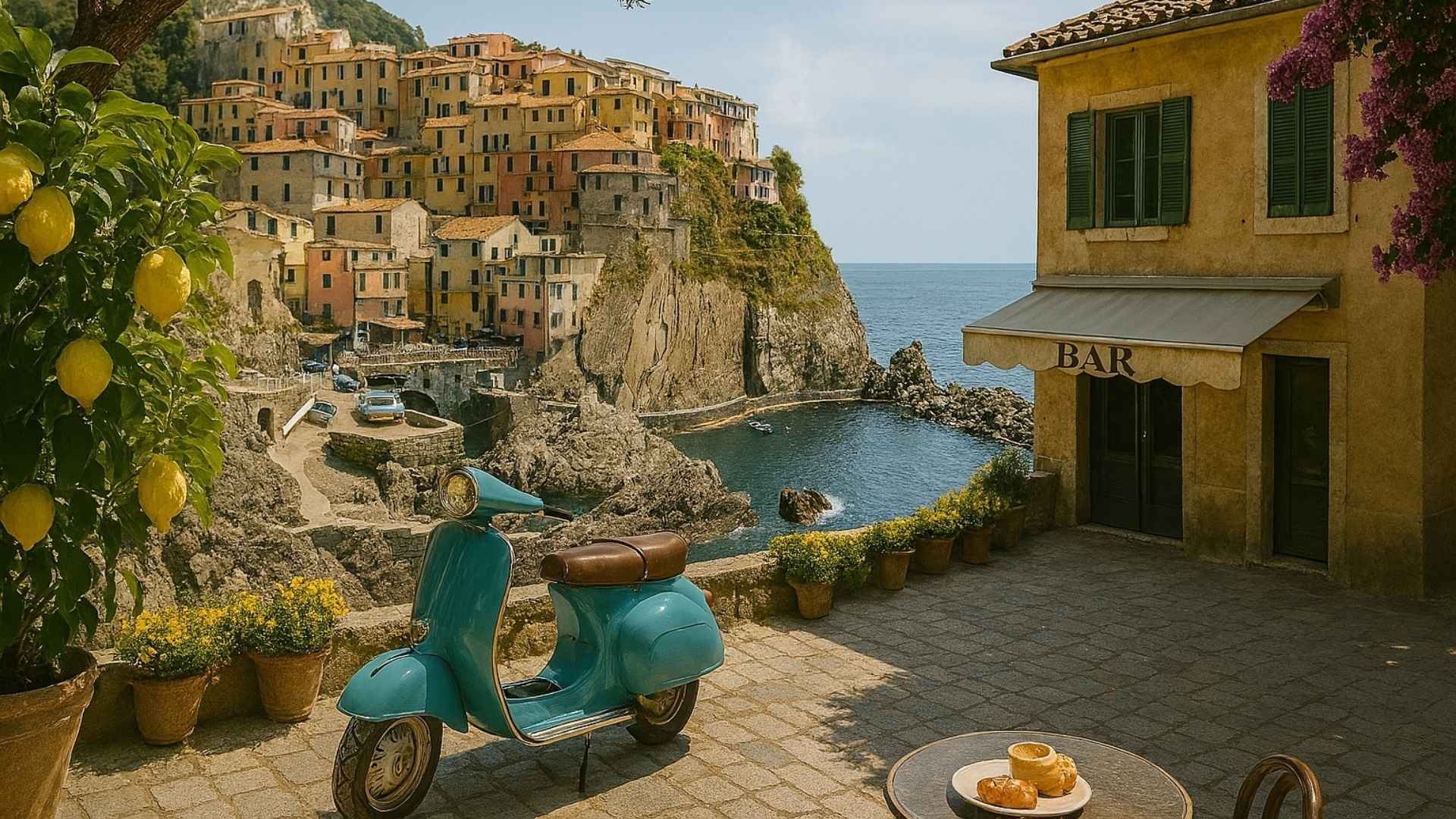 collection été 2026 Dolce Vita - bougies, fondants, parfums d'ambiance - Niõ Une capture d'un après midi ensoleillé d'un village au bord de l'Adriatique en Italie. Une Vespa bleu devant un Bar. Un citronnier en premier plan, le village et la mer en arrière plan. Illustration pour collection été 2026 Dolce Vita - bougies, fondants, parfums d'ambiance - Niõ