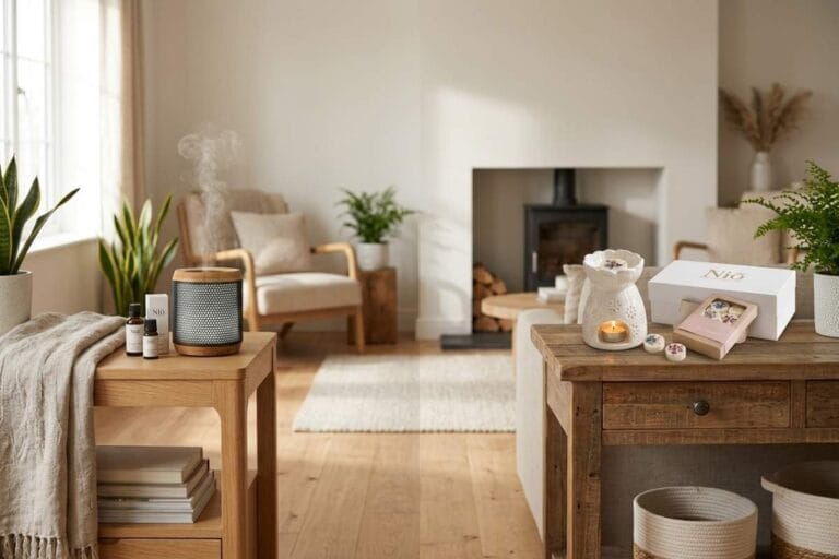Un diffuseur ultrasonique et un Brûle-parfum dans un intérieur à la déco hygge. Illustration de du guide comparatif Diffuseur ultrasonique vs Brûle-parfum