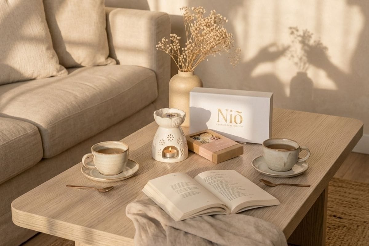 Fondants de cire parfumée avec leur brûle-parfum sur la table basse d'un intérieur cocooning. Deux tasses de thé ainsi qu'un livre ouvert posés sur la table. En arrière plan, les ombres de deux personnes, face à face, qui discutent