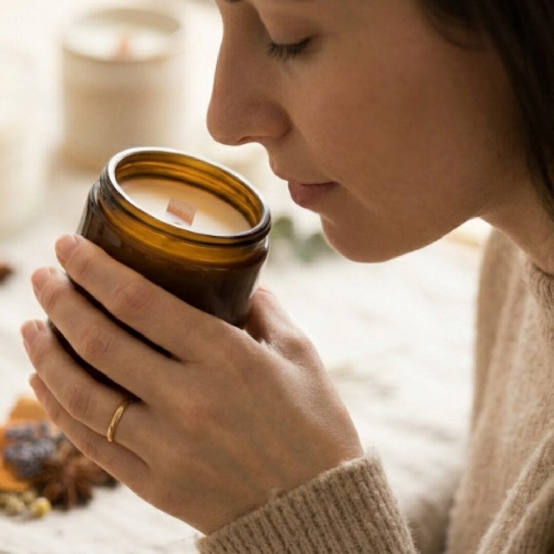 Une jeune femme sentant une bougie parfumée de Niõ à froid - illustration nos matières Niõ