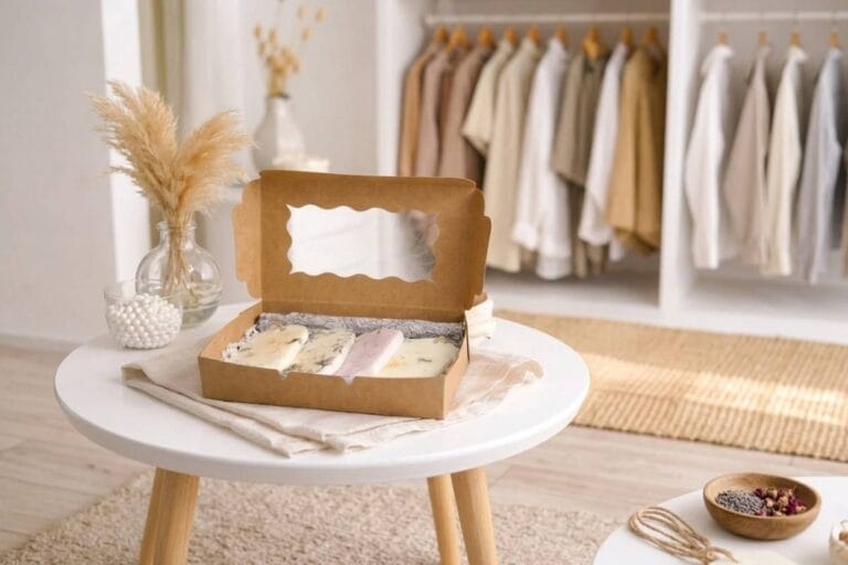 Un coffret de suspensions parfumées en cire végétale pour parfumer une armoire naturellement. Avec des placards à linge et à vêtements en arrière plan