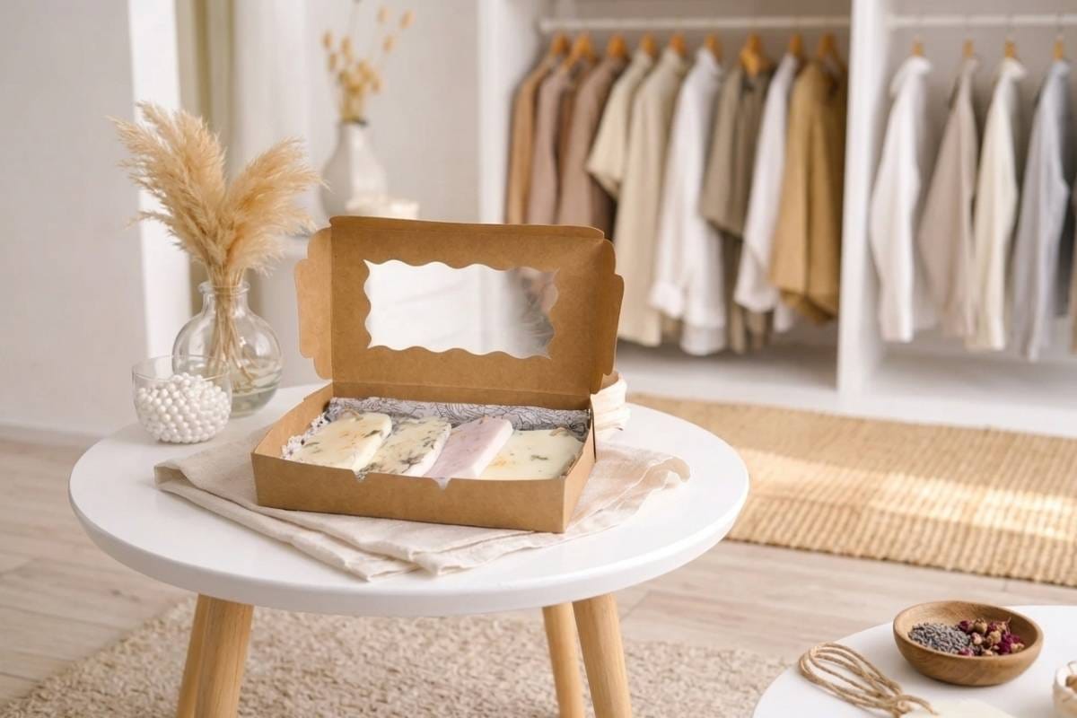 Un coffret de suspensions parfumées en cire végétale pour parfumer une armoire naturellement. Avec des placards à linge et à vêtements en arrière plan