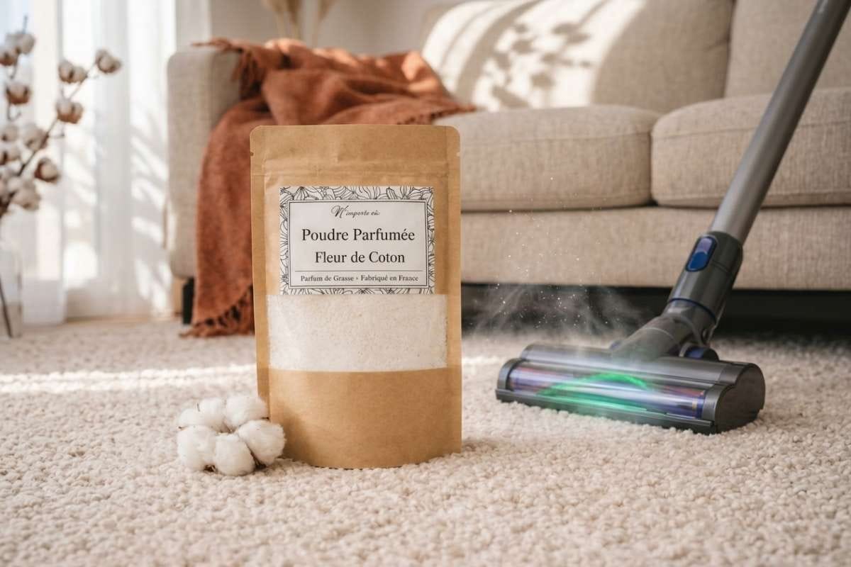 poudre pour aspirateur sur un tapis avec un aspirateur en arrière plan pour ménage efficace au naturel